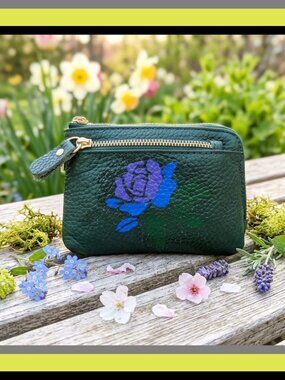 Green Leather Hand Painted Flower Theme Zippy Mini Wallet